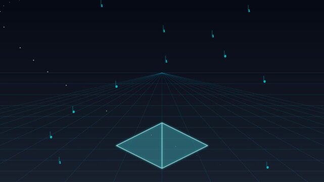 Glowing digital pyramid on virtual grid with falling binary data code.