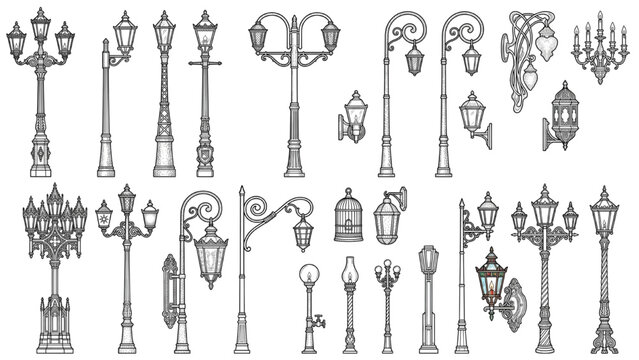 A collection of vintage street light illustrations, showcasing various designs and styles, from ornate lamps to simpler poles