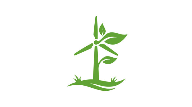 Green wind turbine icon with growing leaves and grass, eco energy concept
