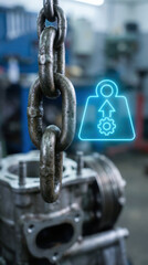 Naklejka premium Predictive maintenance in automotive manufacturing helps improve equipment reliability and reduce downtime by monitoring heavy machinery and metal chain components in industrial settings