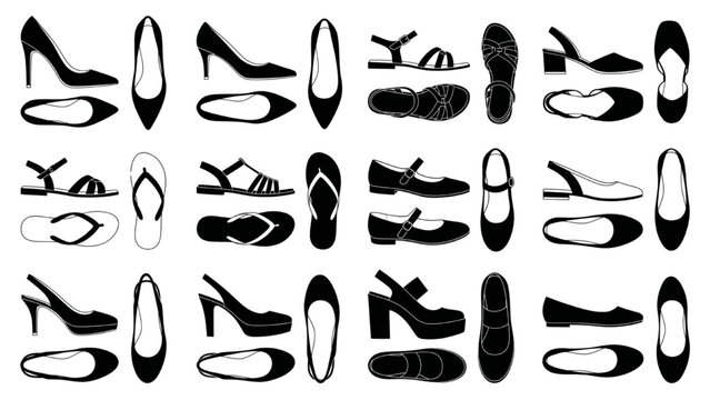 Collection of various shoe silhouettes displayed in a grid layout. The collection includes high heels, flats, sandals, and flip-flops