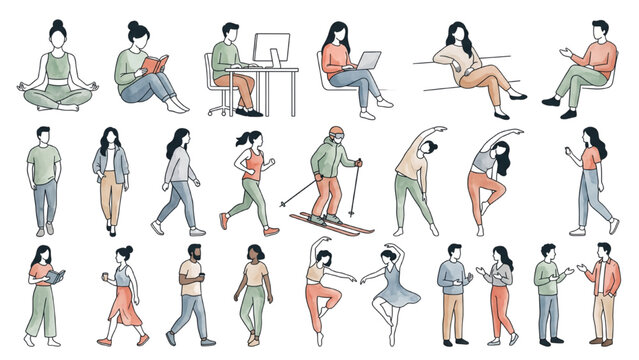 A collection of diverse people engaged in various activities, including yoga, reading, working on a computer, running, skiing, dancing, and social interaction