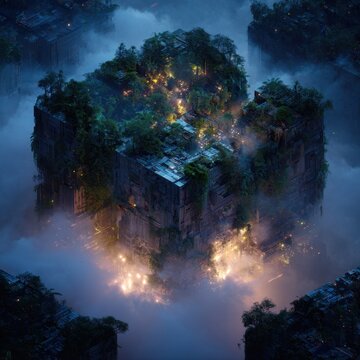 An ethereal dreamscape inside a colossal isometric cube, where an overgrown alien jungle coils around derelict megastructures, all bathed in bioluminescent light; a dreamlike, otherworldly scene of i