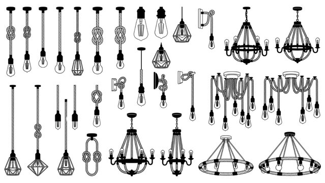 A collection of diverse light fixtures including pendant lights, chandeliers, and wall sconces, in a vintage style