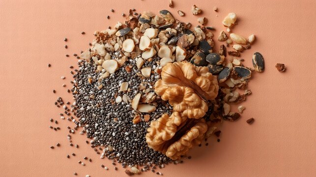 Chia seeds and walnut pieces arranged on peach background. Omega-3, fiber for menopause heart health and hormonal balance. Flat lay. 