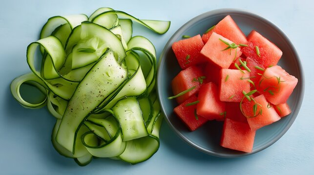 Cucumber ribbons and watermelon cubes on blue background. Cooling foods for hot flash relief, hydration. Menopause wellness.