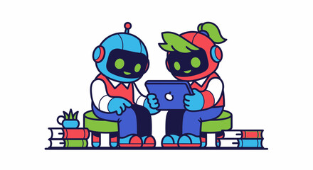 Naklejka premium Cute Robot Students Learning with Tablet and Books Vector Illustration