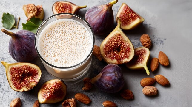 Dried figs and whole almonds scattered on coral background. Calcium, magnesium for menopause bone health. Flat lay.