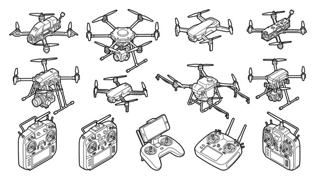 Collection of drone and remote control illustrations, showcasing various models and designs for aerial photography, surveillance, and recreation