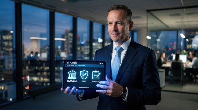 Corporate executive presenting a grc platform dashboard on a tablet in a modern office setting at night