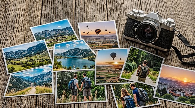 Vintage camera and printed travel photographs with landscape scenes on a wooden table