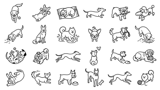 A collection of playful dog illustrations in various poses and breeds