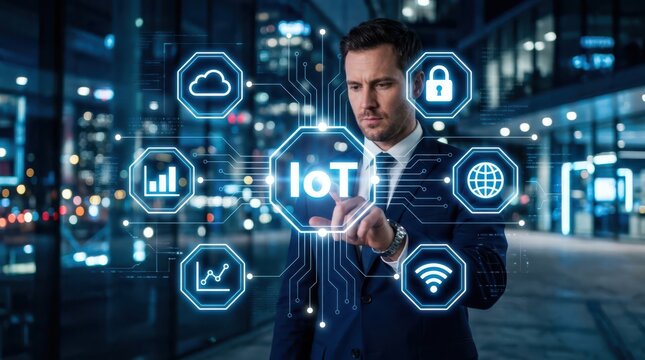 Business professional interacting with a holographic iot network display in a modern urban setting