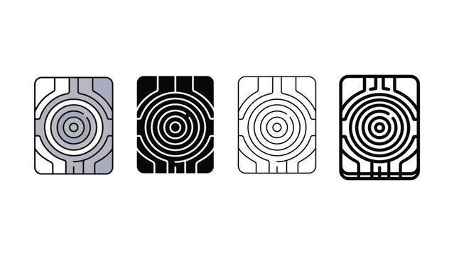 Four square maze icons with concentric circles and geometric patterns