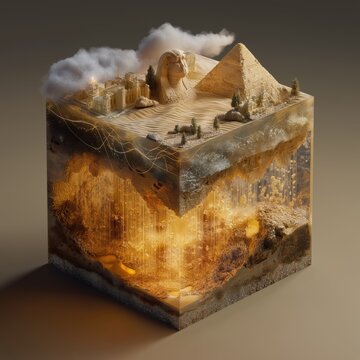 Isometric fantasy diorama: colossal cube rising from a sunlit desert plateau, a grand Sphinx perched on its faces beside a towering pyramid; dreamweaver threads braid light across crystalline surface