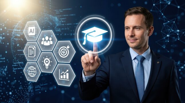 Businessman interacting with digital graduation cap interface representing education technology and future learning concepts