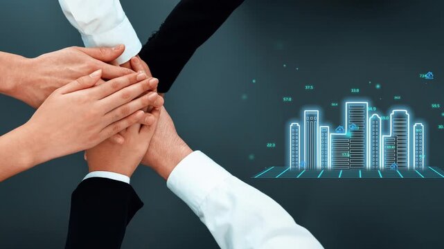 Collaborative Business Hands Joining Together with Abstract Cityscape and Digital Growth Graph Illustrating Teamwork and Success in Modern Industry Environment. Entropy.