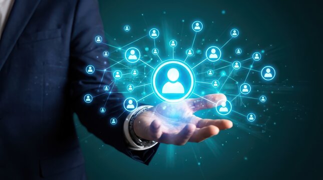 Businessman presenting a glowing network of people icons