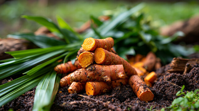 Fresh Turmeric Roots on Green Leaves and Soil in Garden