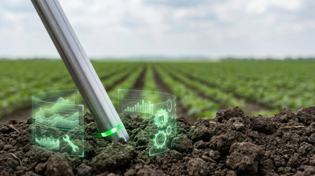 Soil sensor in agriculture field with ai precision analysis data for smart farming and crop monitoring technology