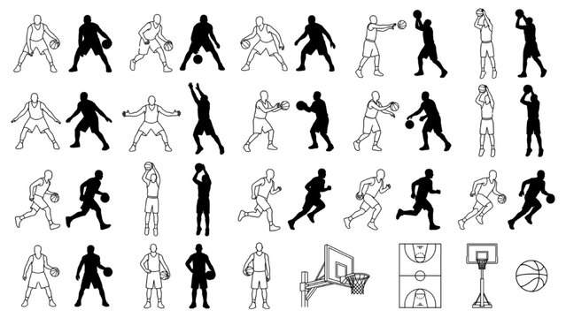 A collection of line art and silhouette illustrations depicting various basketball poses and equipment, including players in action, a basketball court, and hoops