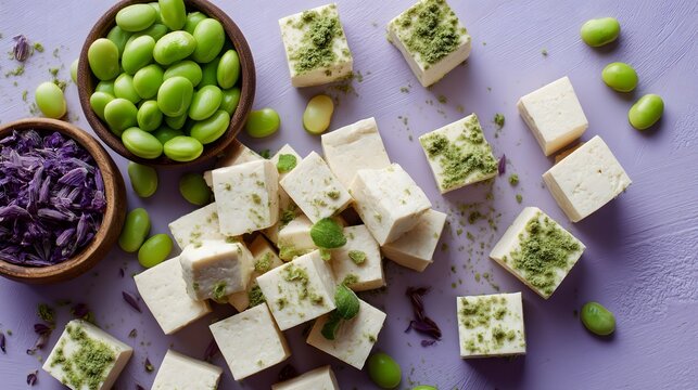 Edamame beans and tofu cubes on pastel lavender background. Phytoestrogens, soy isoflavones for hormonal balance.