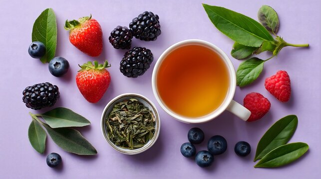 Fresh berries and green tea leaves on purple background. Antioxidants for cellular health, anti-aging. Menopause wellness.