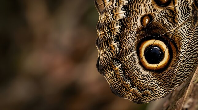 Macro detail of an owl butterfly wing showing natural eye pattern texture