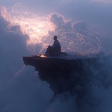 A dreamlike surreal scene of a cliff-edge platform suspended in shadowed mist above the clouds, with a solitary, robe-clad philosopher figure seated in contemplative stillness at the center, robes di