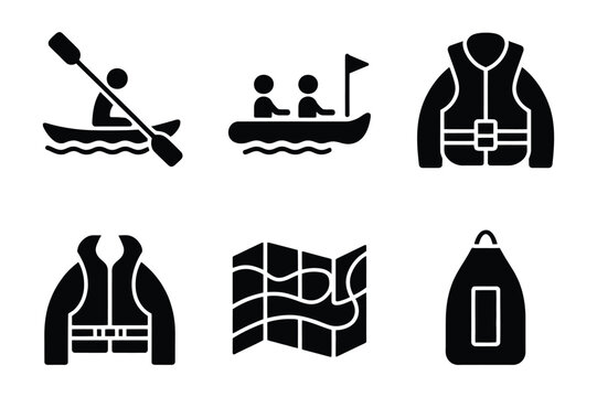 Water sports and kayaking activity icons with lifejacket adventure recreation