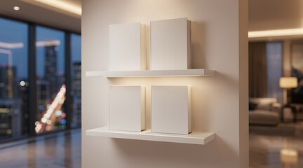 Fototapeta premium Modern Interior Design with Minimalist Shelving and City View.
