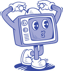 Naklejka premium Blue line art vector illustration of a surprised retro television character holding its antennae overhead, standing in sneakers on a white background