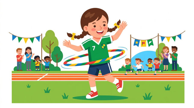 Happy School Girl Playing Hula Hoop During Sports Day Flat Vector Illustration