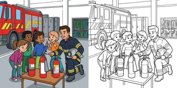 fire station firefighter school student boy girl excursion educational study tour adventure cartoon clipart and lineart print vector illustration for color coloring book