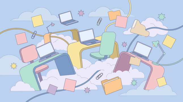 Abstract Cloud Office Illustration Featuring Floating Desks, Laptops, and Files for Remote Work and Digital Computing