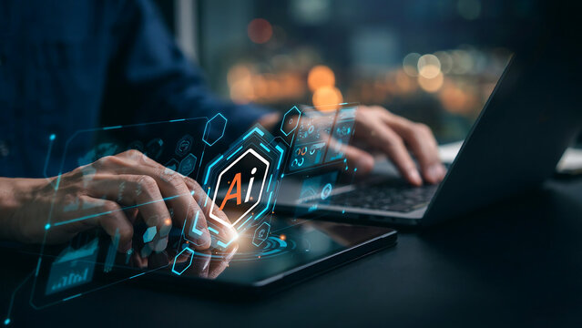 Business professional using artificial intelligence tools on a digital tablet