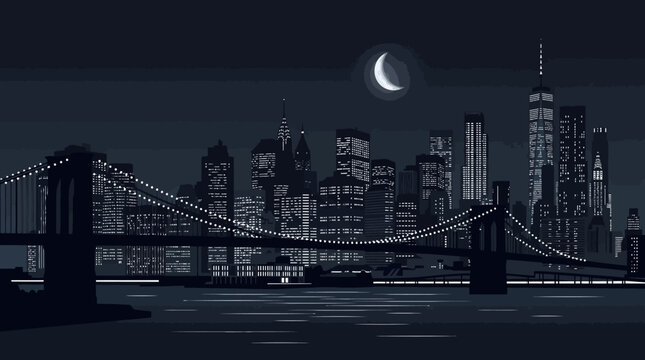 Pixel art style New York City skyline with Brooklyn Bridge at night.