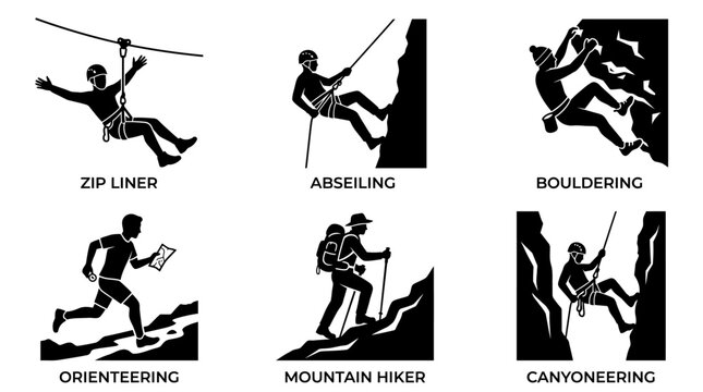 Set of adventure sports icons showing outdoor activities and extreme hobbies.