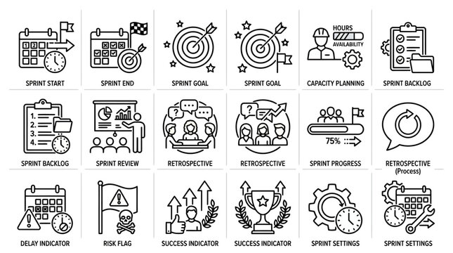 Set of agile scrum project management line icons.
