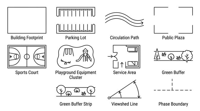 Set of Architectural Site Plan Icons and Symbols for Urban Design.