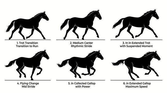 Educational Illustration Showing Various Horse Gaits and Movements in Silhouette.