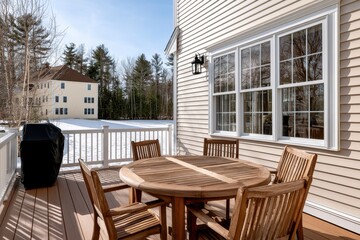 Fototapeta premium Cozy Outdoor Patio Deck with Wooden Table and Chairs in Winter