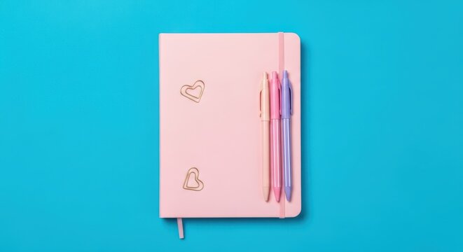 Top view of a closed pink notebook with heartshaped paper clips and three colorful pens on a bright blue background