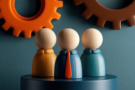 Three wooden peg doll figures standing on a blue circular pedestal with orange and brown gears on a textured dark teal background