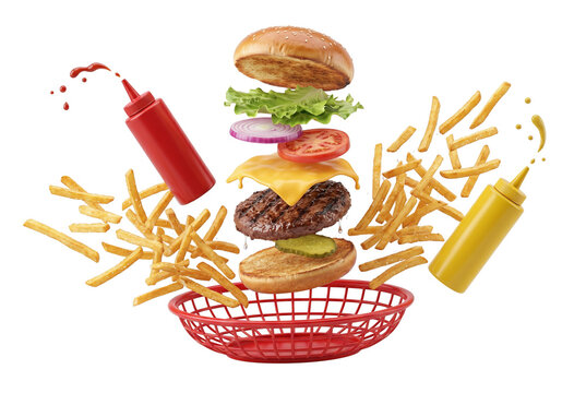 Flying hamburger ingredients with french fries ketchup and mustard