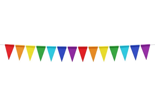 Rainbow colored triangular party pennant banner on string