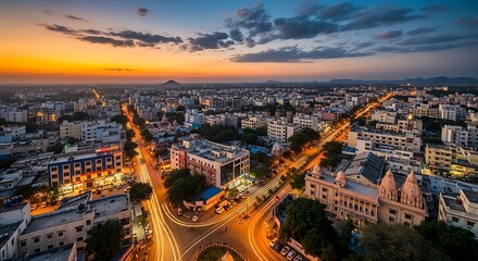 Fototapeta premium Dusk Cityscape Over Curved Main Street Downtown