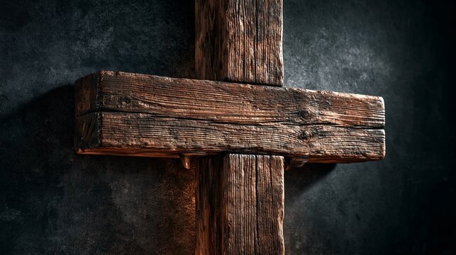 Close up of a rugged and weathered wooden christian cross.
