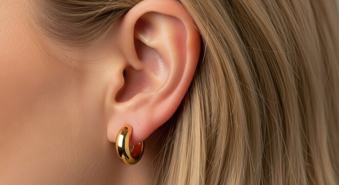 Closeup of a womans ear wearing a simple gold hoop earring