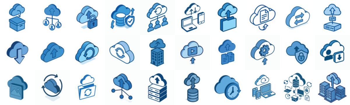 minimalist isometric vector icon cloud back up in blue